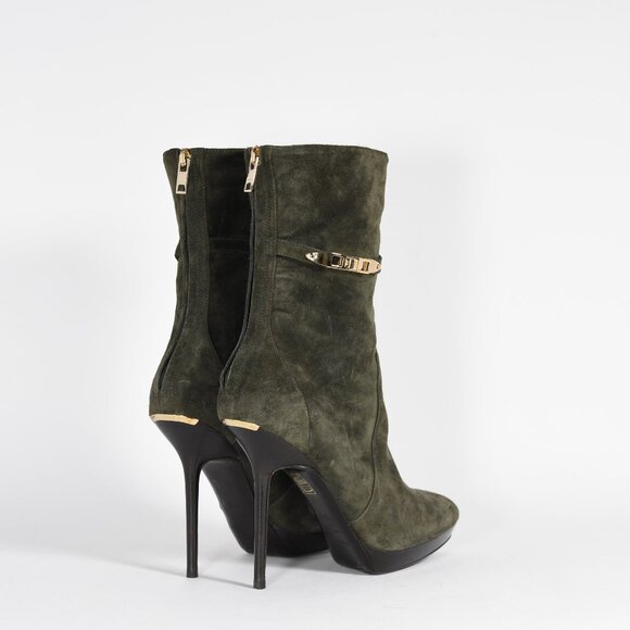 Burberry Olive Suede Ankle Boots with Gold Accents Size 37.5 Stiletto Heel - Picture 9 of 14